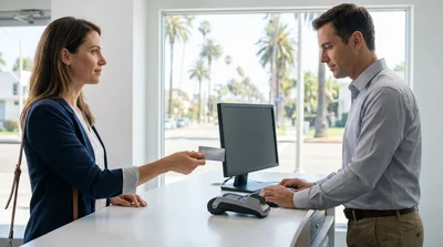 Customer handing a credit card to an agent at a car rental desk in Los Angeles
