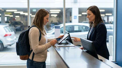 Traveler with luggage approaching a car rental desk at a New York airport