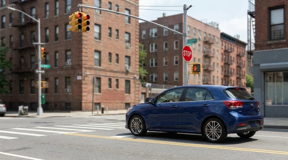White car rental waiting at a red traffic light at a New York street intersection