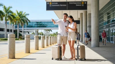 White car hire shuttle bus waiting for passengers at the Miami airport arrivals terminal