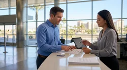 Customer signing paperwork at a Las Vegas car rental desk while the agent hands over the keys