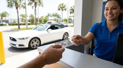 Close-up of a customer handing a credit card to an agent at a Florida car rental counter