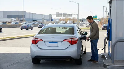 Person pumping fuel into a white car rental at a New York gas station