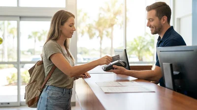 Customer handing a credit card to an agent at a car rental counter in sunny Florida