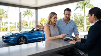 Close-up of a customer handing a credit card to an agent at a Florida car hire counter