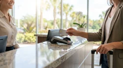 Customer handing a credit card to an agent at a car rental desk in Orlando