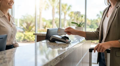 Customer handing a credit card to an agent at a car rental desk in Orlando