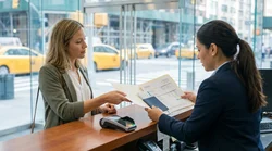 Person holding paperwork and keys next to a car rental vehicle parked on a New York street