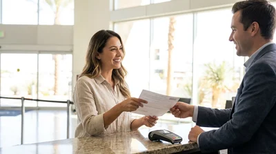 Customer taking a printed car hire agreement from an agent at a Las Vegas counter