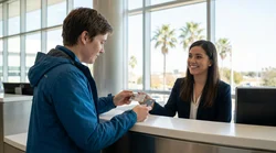 Person handing a driving licence to a staff member at a Texas car hire desk