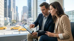 Traveler receiving keys from an agent at a car rental desk in New York