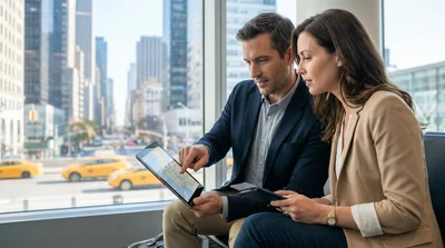 Traveler receiving keys from an agent at a car rental desk in New York