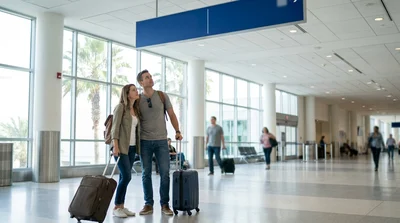 Passengers rolling luggage past the baggage claim area toward the car rental counters inside the Orlando airport