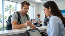 Customer handing a driving licence to an agent at a car rental desk in Florida