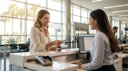 Close up of a person handing a credit card to a staff member at a California car hire counter