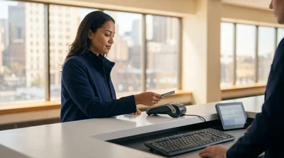 Customer handing a credit card to a car rental agent at a desk in United Estates