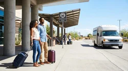 Passengers boarding a white car rental shuttle bus at a Las Vegas airport terminal curb