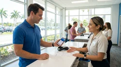Person holding a smartphone with a digital wallet open at a Florida car rental desk