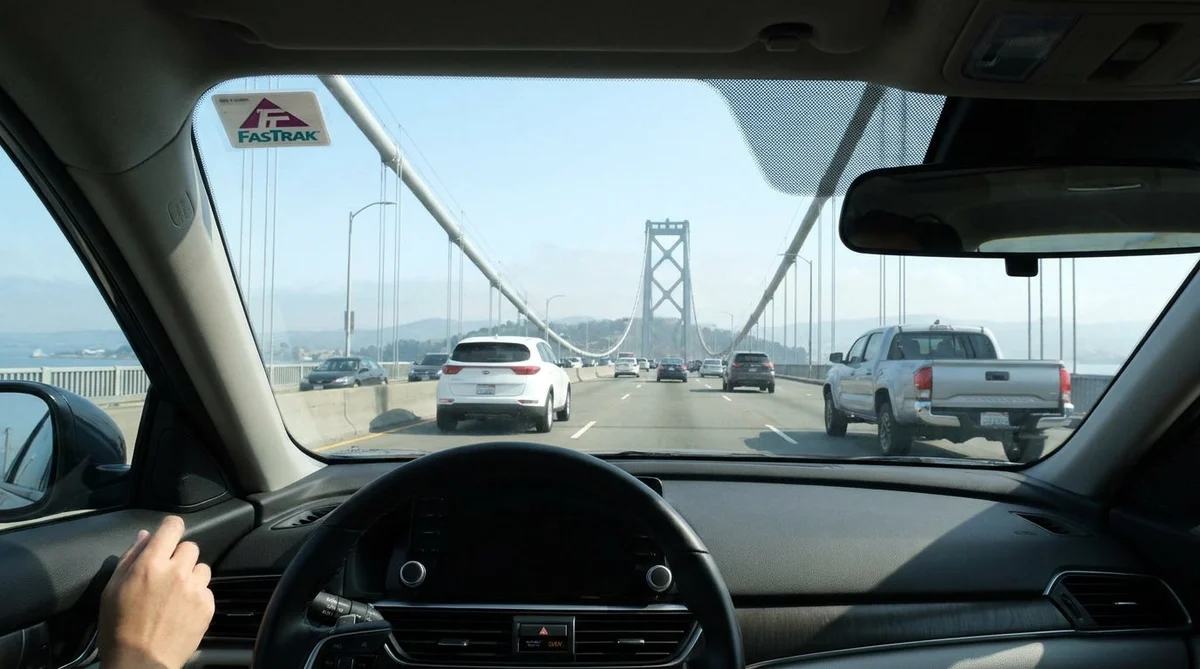 White car rental driving through a toll plaza on the Golden Gate Bridge in San Francisco