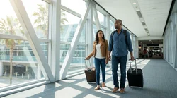 Travelers with rolling luggage walking past palm trees toward an airport car rental center in Florida