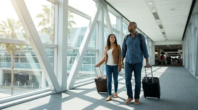 Travelers with rolling luggage walking past palm trees toward an airport car rental center in Florida