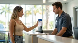 Person holding a smartphone displaying a digital driving licence at a Florida car hire desk