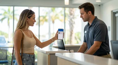Person holding a smartphone displaying a digital driving licence at a Florida car hire desk