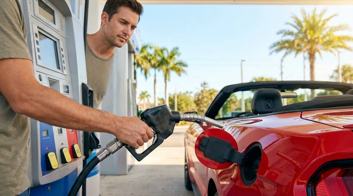 Person pumping fuel into a white car rental at a sunny gas station in Florida