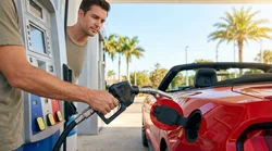 Person pumping fuel into a white car rental at a sunny gas station in Florida
