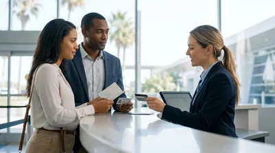 Woman handing travel documents to an agent at a car rental desk in California
