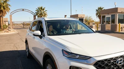 A white car rental driving down a sunlit desert highway in California