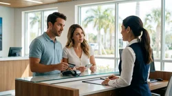 Two people handing a credit card to an agent at a car hire desk in Florida