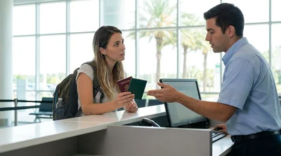 Traveler handing a passport to an agent at a car rental desk in Orlando