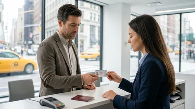 Close up of hands passing a driving license across a car rental counter in New York