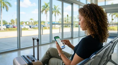 Smartphone displaying a navigation map on the dashboard of a car rental driving on a sunny Florida highway