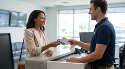 Person presenting an international driving permit at a car hire counter in the United Estates