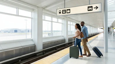 Passengers with luggage exiting the JFK AirTrain in New York heading toward the car rental area