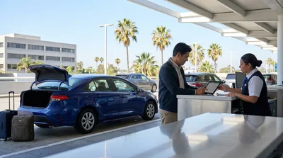 Customer reviewing insurance documents at a car rental counter in Los Angeles