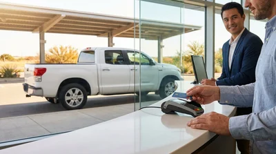Customer handing a credit card to an agent at a car hire desk in Texas