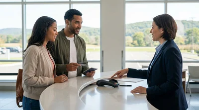 Customer handing a credit card to an agent at a car rental desk in Pennsylvania