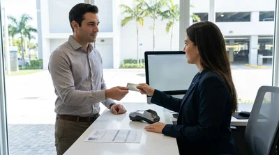 Close-up of a customer handing a credit card to an agent at a car hire counter in Miami