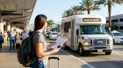 Passengers boarding a car rental shuttle bus outside the LAX airport terminal in Los Angeles