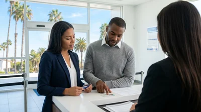 Two people standing next to a white car rental parked along a scenic coastal highway in California