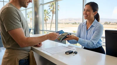 Person inserting a credit card into a payment terminal at a Los Angeles car rental counter