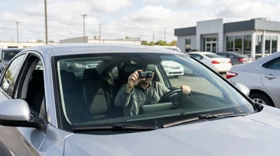 Dash cam mounted on the windshield of a car rental driving along a tree-lined road in Pennsylvania