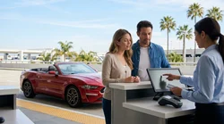 Customer receiving keys for a luxury car rental at an airport desk in Los Angeles