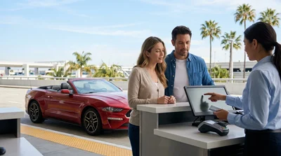 Customer receiving keys for a luxury car rental at an airport desk in Los Angeles