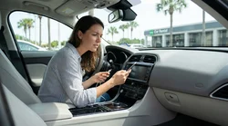 Driver holding a smartphone next to a blank dashboard screen inside an Orlando car rental vehicle