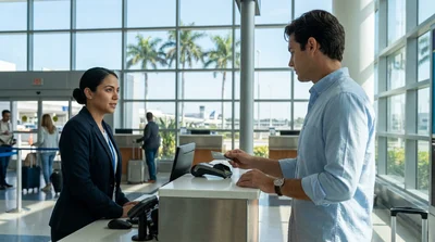 Traveler handing a credit card to an agent at a car hire counter in Miami