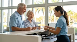 Senior man handing an ID card to a smiling agent at a Miami car rental counter
